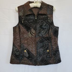 Chico's size 1 (sz 8) brown and black faux leather flocked biker full zip vest